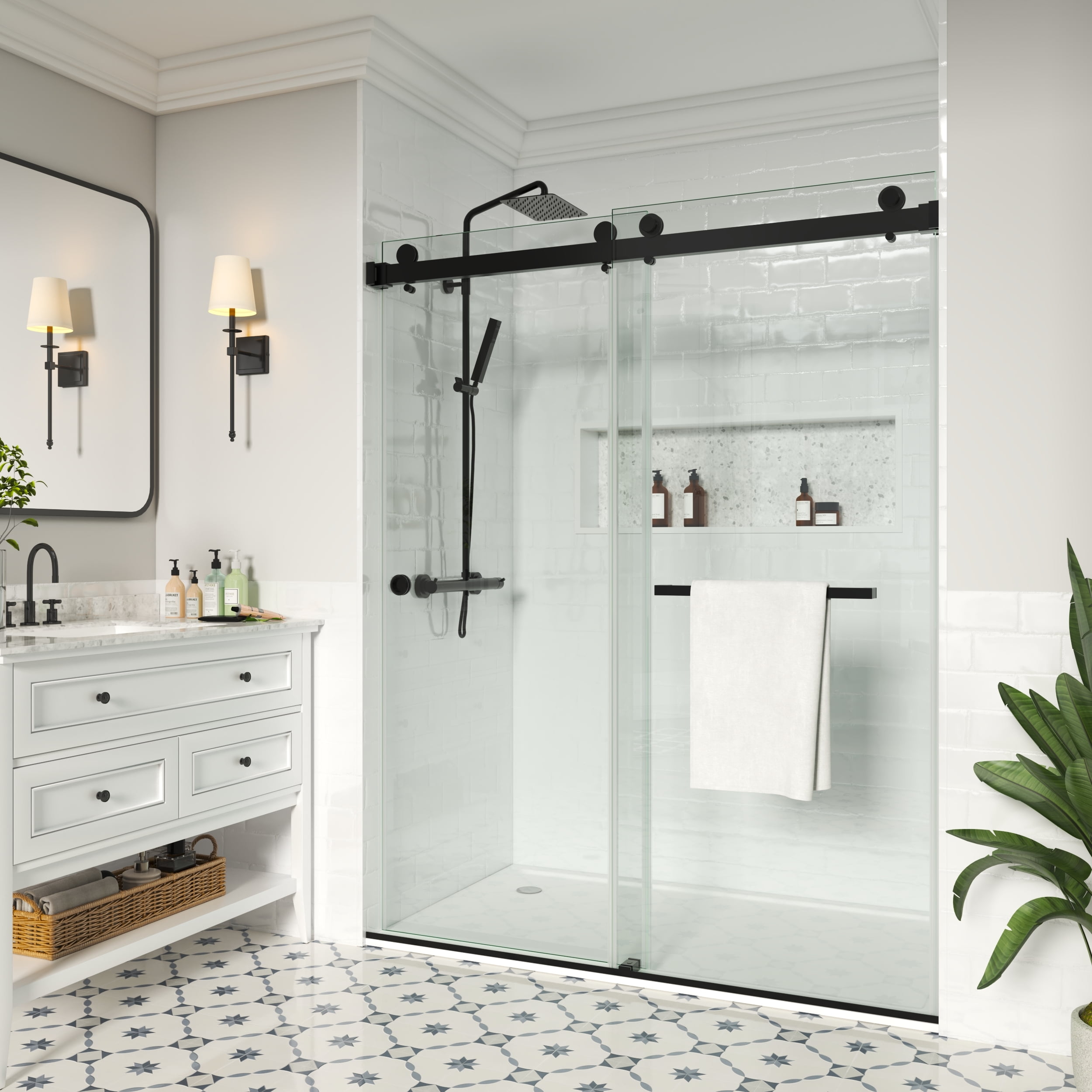 MCOCOD 44 to 49 in. W x 76 in. H Frameless Double Sliding Shower Door, 3/8" (10 mm) Clear