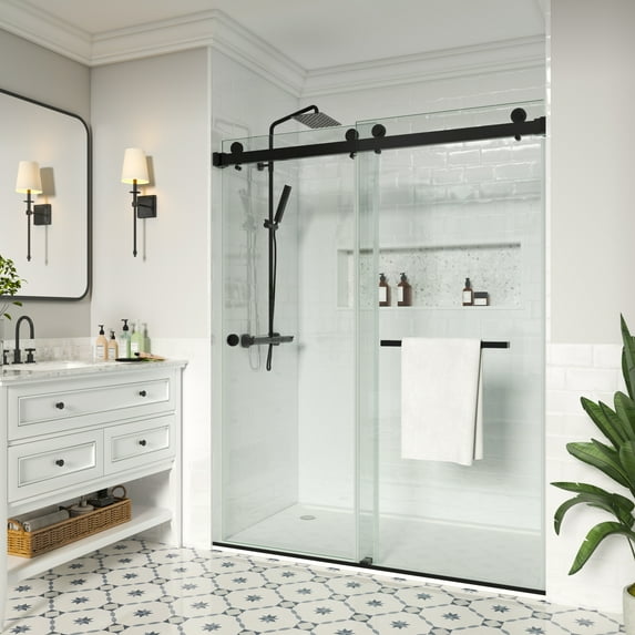 MCOCOD 44 to 49 in. W x 76 in. H Frameless Double Sliding Shower Door, 3/8" (10 mm) Clear Tempered Glass, Waterproof Bathroom Alcove Shower Doors, Matte Black Finish