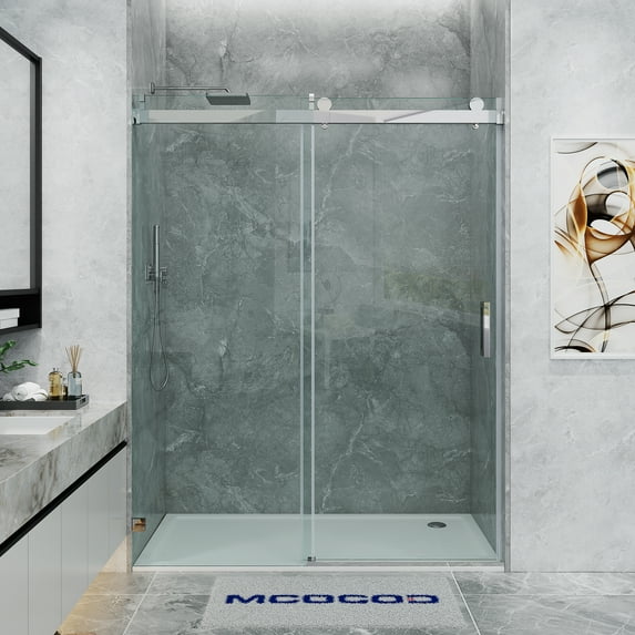 MCOCOD 46 to 48 in. W x 76 in. H Frameless Shower Door with Soft Close, 3/8" (10 mm) Clear Tempered Glass, Single Sliding Alcove Shower Doors, Chrome Finish