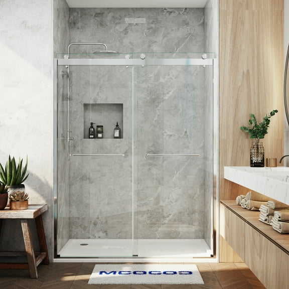 MCOCOD 56 to 60 in. W x 76 in. H Semi-Frameless Double Sliding Shower Door, 3/8" (10 mm) Clear Tempered Glass, Waterproof Bathroom Alcove Shower Doors with Handle, Brushed Nickel Finish