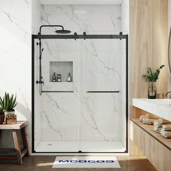 MCOCOD 56 to 60 in. W x 76 in. H Semi-Frameless Double Sliding Shower Door, 3/8" (10 mm) Clear Tempered Glass, Waterproof Bathroom Alcove Shower Doors with Handle, Matte Black Finish