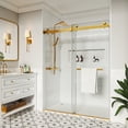 thumbnail image 1 of MCOCOD 56 to 61 in. W x 79 in. H Frameless Double Sliding Shower Door, 3/8" (10 mm) Clear Tempered Glass, Waterproof Bathroom Alcove Shower Doors, Brushed Gold Finish, 1 of 10