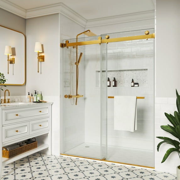 MCOCOD 56 to 61 in. W x 79 in. H Frameless Double Sliding Shower Door, 3/8" (10 mm) Clear Tempered Glass, Waterproof Bathroom Alcove Shower Doors, Brushed Gold Finish