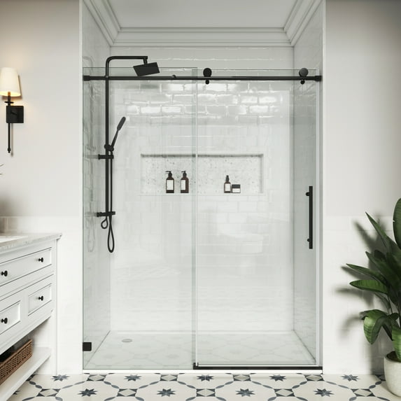 MCOCOD 57 to 60 in W x 72 in H Frameless Shower Door with Soft Close, 5/16" (8 mm) Clear Tempered Glass, Single Sliding Alcove Shower Doors, Matte Black Finish
