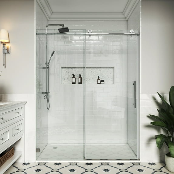 MCOCOD 57 to 60 in W x 76 in H Frameless Shower Door with Soft Close, 5/16" (8 mm) Clear Tempered Glass, Single Sliding Alcove Shower Doors, Brushed Nickel Finish