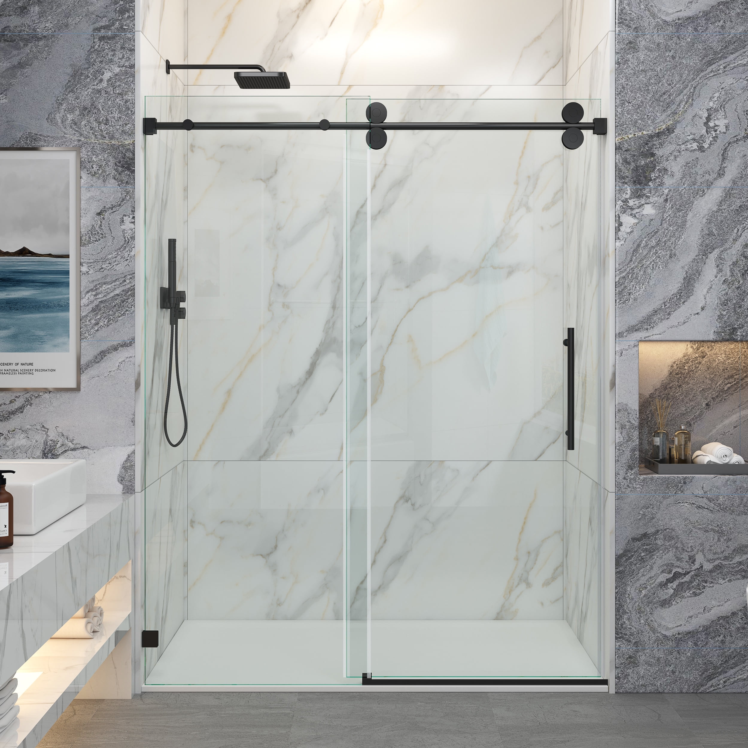 MCOCOD 57" 60" Width x 72" Height Frameless Shower Door, 3/8" (10mm) Clear Tempered Glass