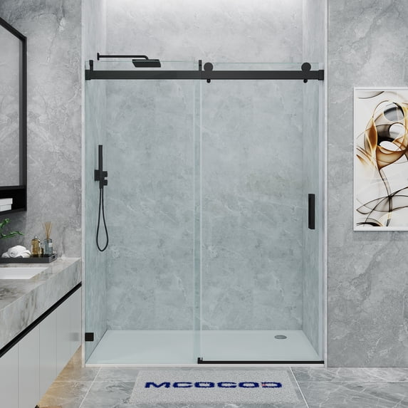 MCOCOD 57 to 60 in. W x 72 in. H Frameless Shower Door with Soft Close, 3/8" (10 mm) Clear Tempered Glass, Single Sliding Alcove Shower Doors, Matte Black Finish