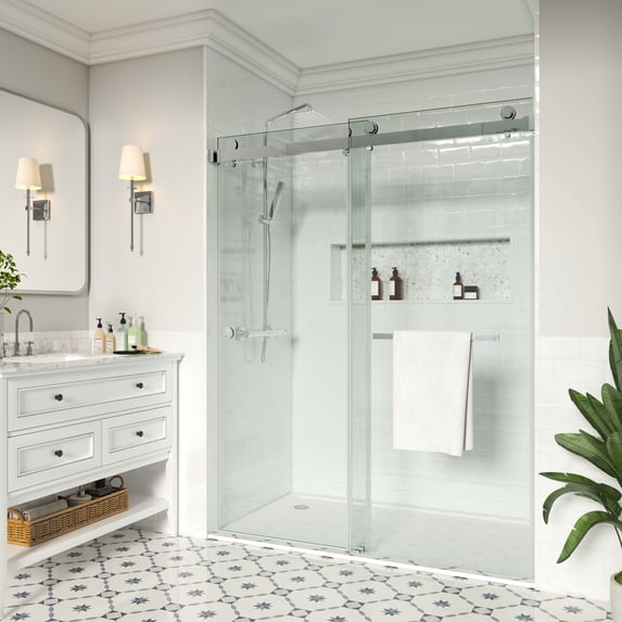MCOCOD 61 to 67 in. W x 76 in. H Frameless Double Sliding Shower Door, 3/8" (10 mm) Clear Tempered Glass, Waterproof Bathroom Alcove Shower Doors, Chrome Finish
