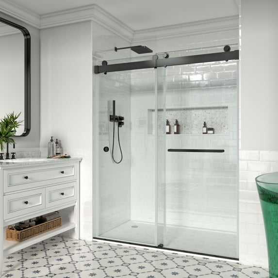 MCOCOD 62 to 67 in. W x 76 in. H Frameless Double Sliding Shower Door with Soft-Closing, 3/8" (10 mm) Clear Tempered Glass, Waterproof Bathroom Alcove Shower Doors, Matte Black Finish