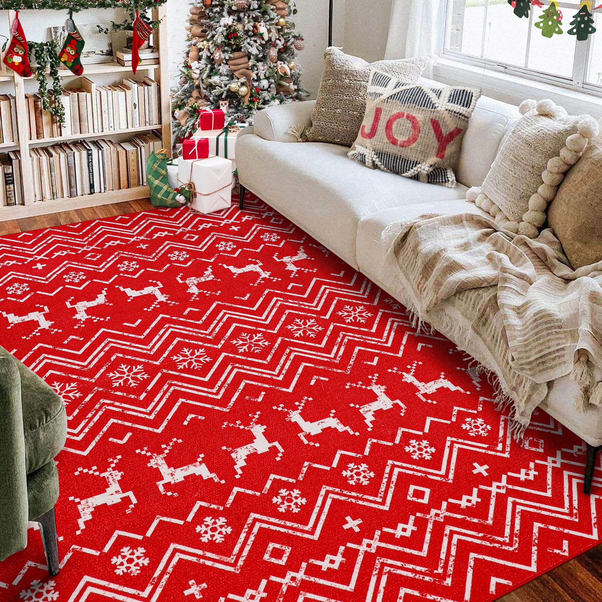 Winter Snowflake Christmas Red Area Rugs, Print Carpet Indoor Non-Slip Kids  Rugs, Machine Washable Breathable Durable Carpet for Front Entrance Floor