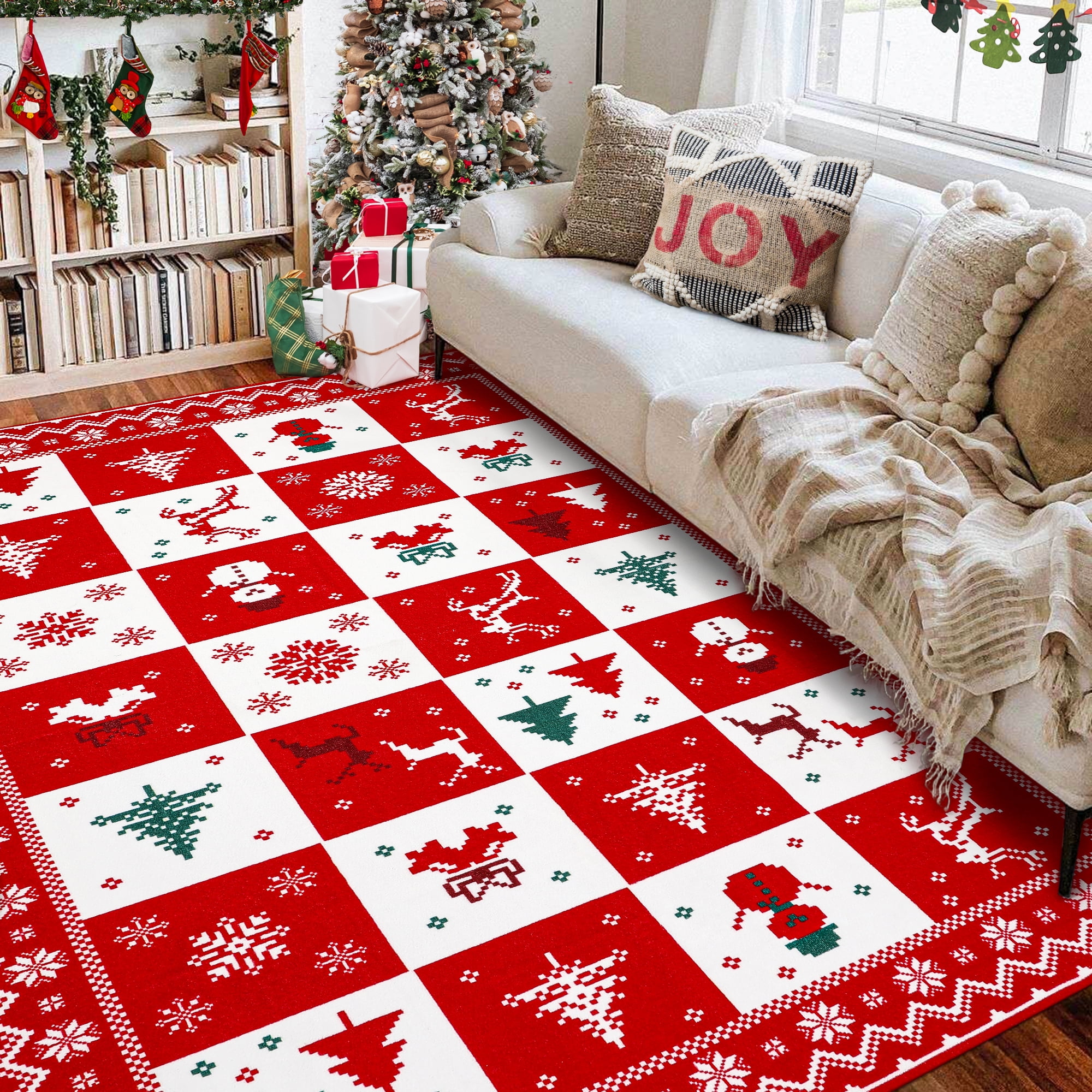 Uphome Christmas Area Rug 3x5, Red Washable Indoor Entryway Rug, Urtra-Thin  Soft Non-Slip Winter Snowflake Holiday Rug, Cute Christmas Tree Floor
