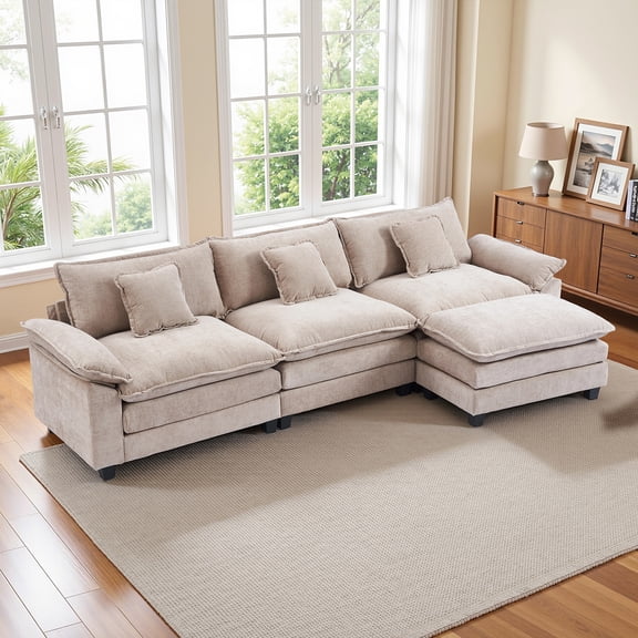 MCPRST 108" Oversize L Shaped Couch, 3 Seater Modular Sectional Sofa with Ottoman, Chenille Cloud Couch with Deep Seat for Living Room, khaki