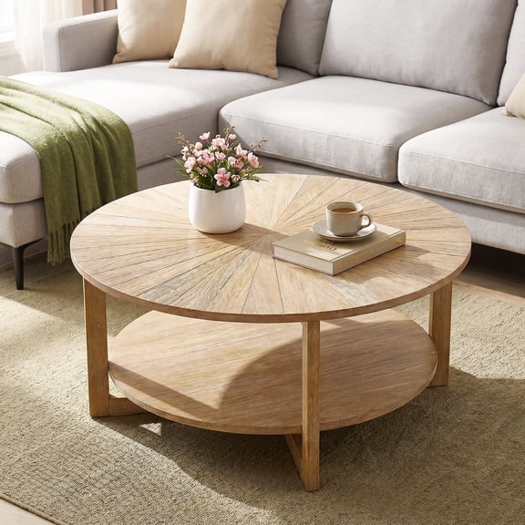 MCPRST 35" Round Coffee Table, Rustic Wood,Center Table with Storage Shelf for Living Room Bedroom, Walnut