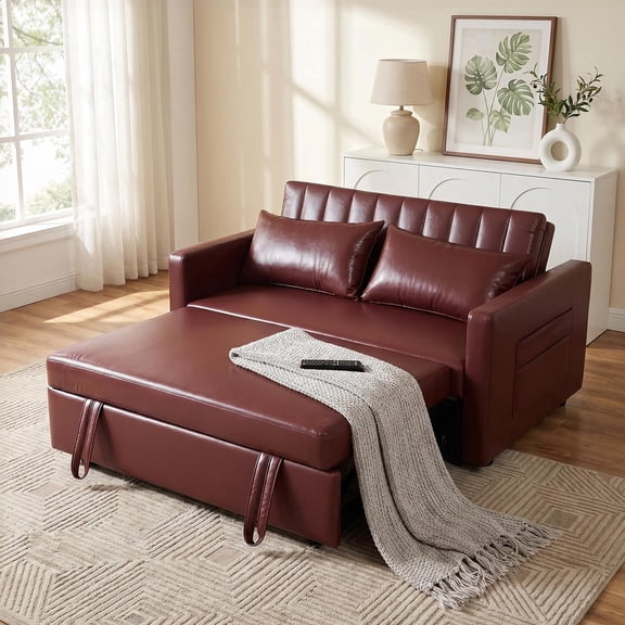 MCPRST 55" 3 in 1 Convertible Sleeper Sofa Bed, Leather Pull Out Sofa Bed, Loveseat Sleeper, Futon Sofa Couch with Side Pocket for Living Room, Apartment, Bedroom, Burgundy