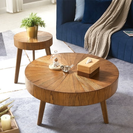 MCPRST Coffee Table Set of 2, Round Coffee Tables with End Table, Wood Coffee Tables for Living Room, Dark Brown