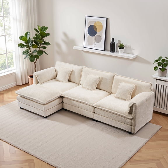 MCPRST Oversize L Shaped Couch, 3 Seater Modular Sectional Sofa with Ottoman, Chenille Cloud Couch with Deep Seat for Living Room, Beige