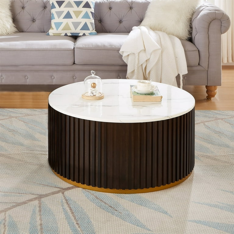 MCPRST Round Coffee Table with Storage Wooden Cover Marble Finish Brown White
