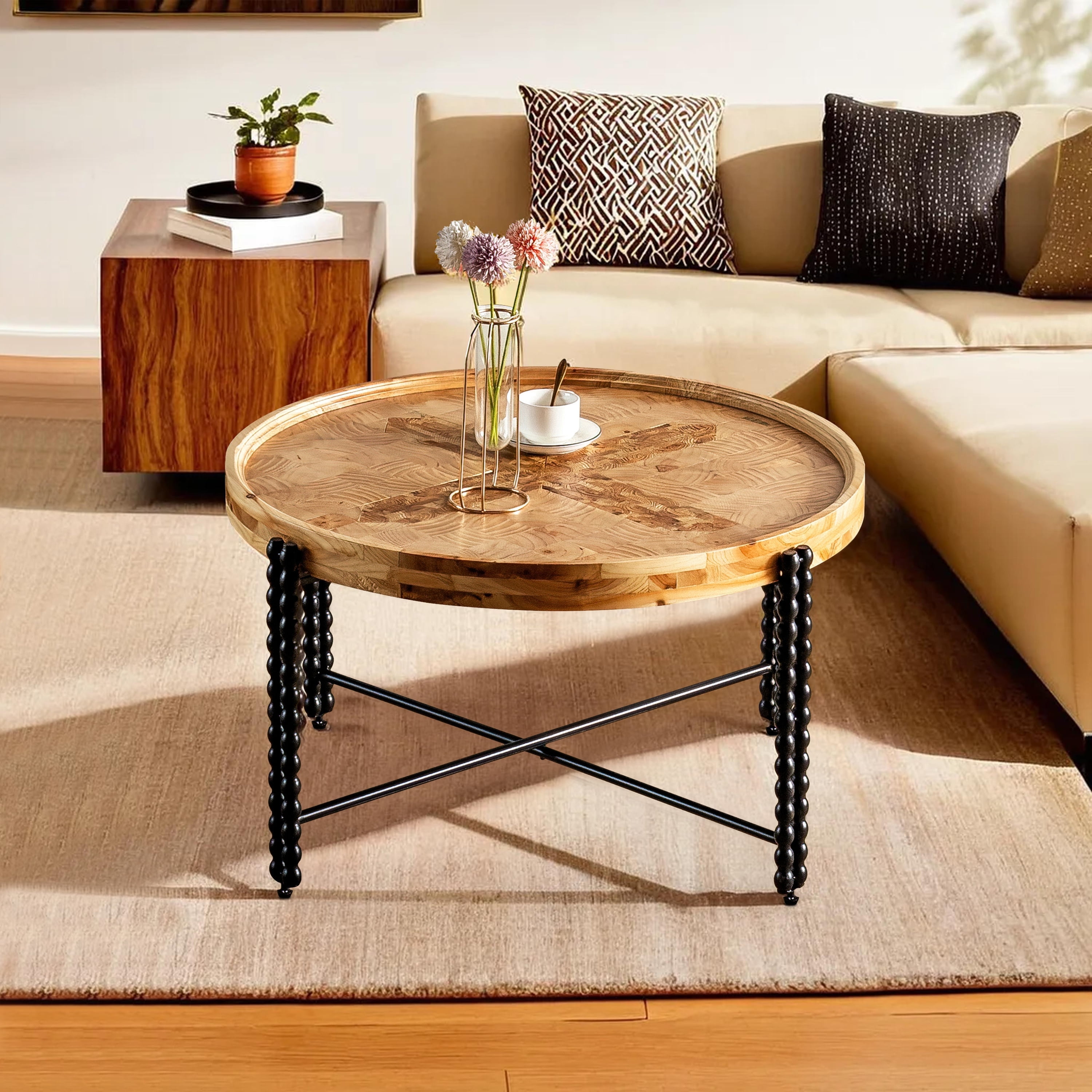 MCPRST Round Wood Coffee Table for Living Room, 31.5" Natural Circle Center Table- Brown/Black ...