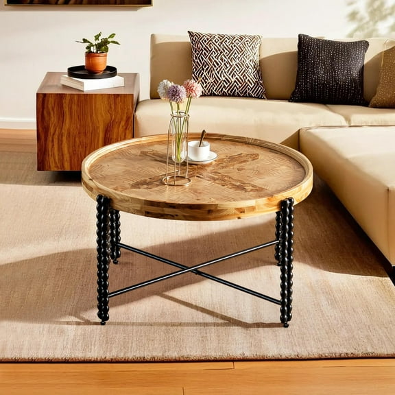 MCPRST Round Wood Coffee Table for Living Room, 31.5" Natural Circle Center Table- Brown/Black