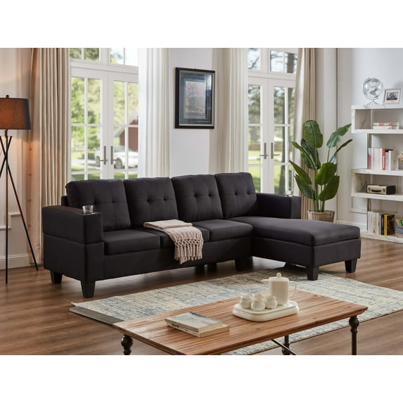 MCPRST Sectional Sofa Couch with Storage, L-Shape Couch with Right Chaise, 4 seat Sofa for Apartment and Living Room, Black Sectional Sofa