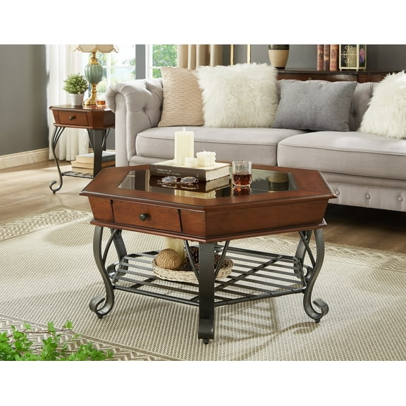 MCPRST Vintage Wood Coffee Table, Hexagon, Glass Top, with Drawer Storage, Walnut