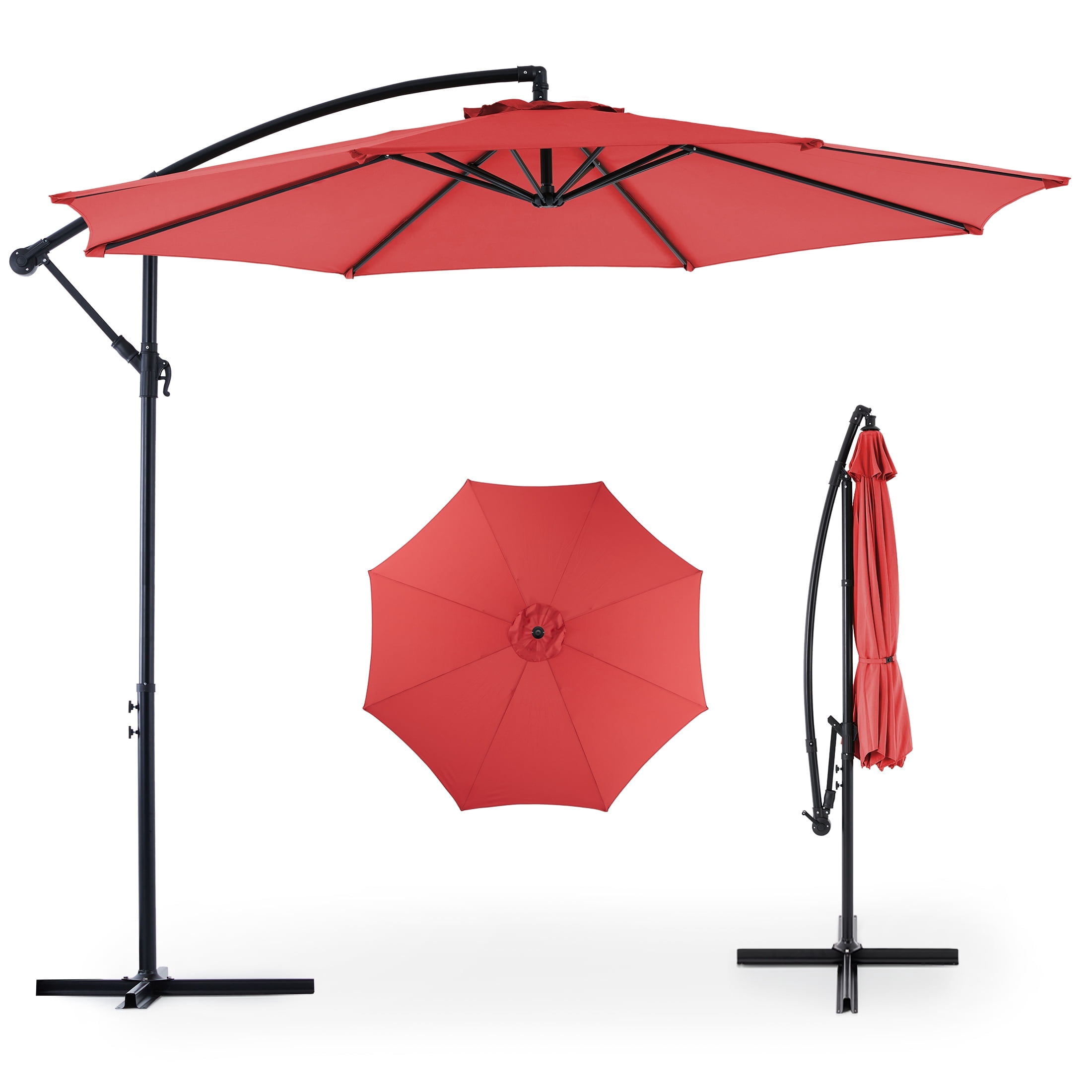 MCQ 10FT Cantilever Patio Umbrellas Hanging Outdoor Offset Umbrella with Easy Tilt Adjustment Self-Locking with 8 Sturdy Ribs, Large Sun Shade for Deck, Poolside, Red