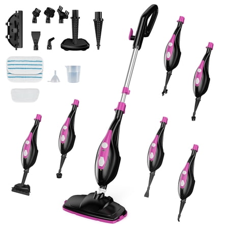 MCQ 14-in-1 Steam Mop with Handheld Steamer, Multi-Function Floor Cleaner for Hardwood, Tile, Laminate & Carpet,Black Pink