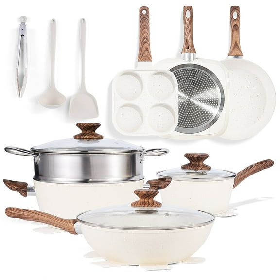MCQ 17 Pcs Nonstick Cookware Set Pots and Pans, Non-toxic with Stay-Cool Handles for Kitchen, Beige