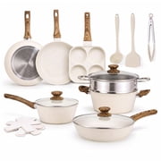 MCQ 17 Pcs Nonstick Cookware Set Pots and Pans, Non-toxic with Stay-Cool Handles for Kitchen, Beige
