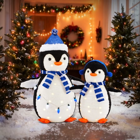 MCQ 2-Piece Lighted Penguin Family, 3ft Tall Pop-Up Outdoor Christmas Decoration with 150 Multicolored LED Lights, Blue
