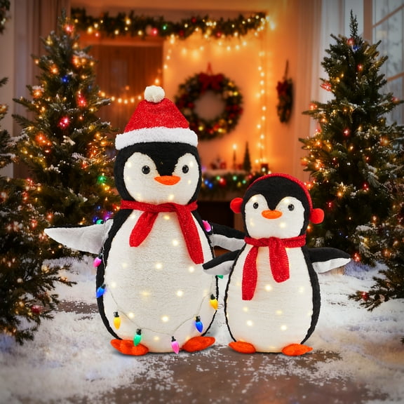 MCQ 2-Piece Lighted Penguin Family, 3ft Tall Pop-Up Outdoor Christmas Decoration with 150 Multicolored LED Lights, Red