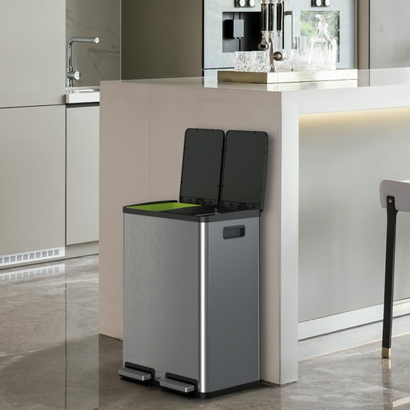 MCQ 2 x 8 Gallon Kitchen Trash Can with Lid, Trash Bin, 60 Liter Large Stainless Steel Trash Can with Soft Close Footrest and Removable Inner Bucket