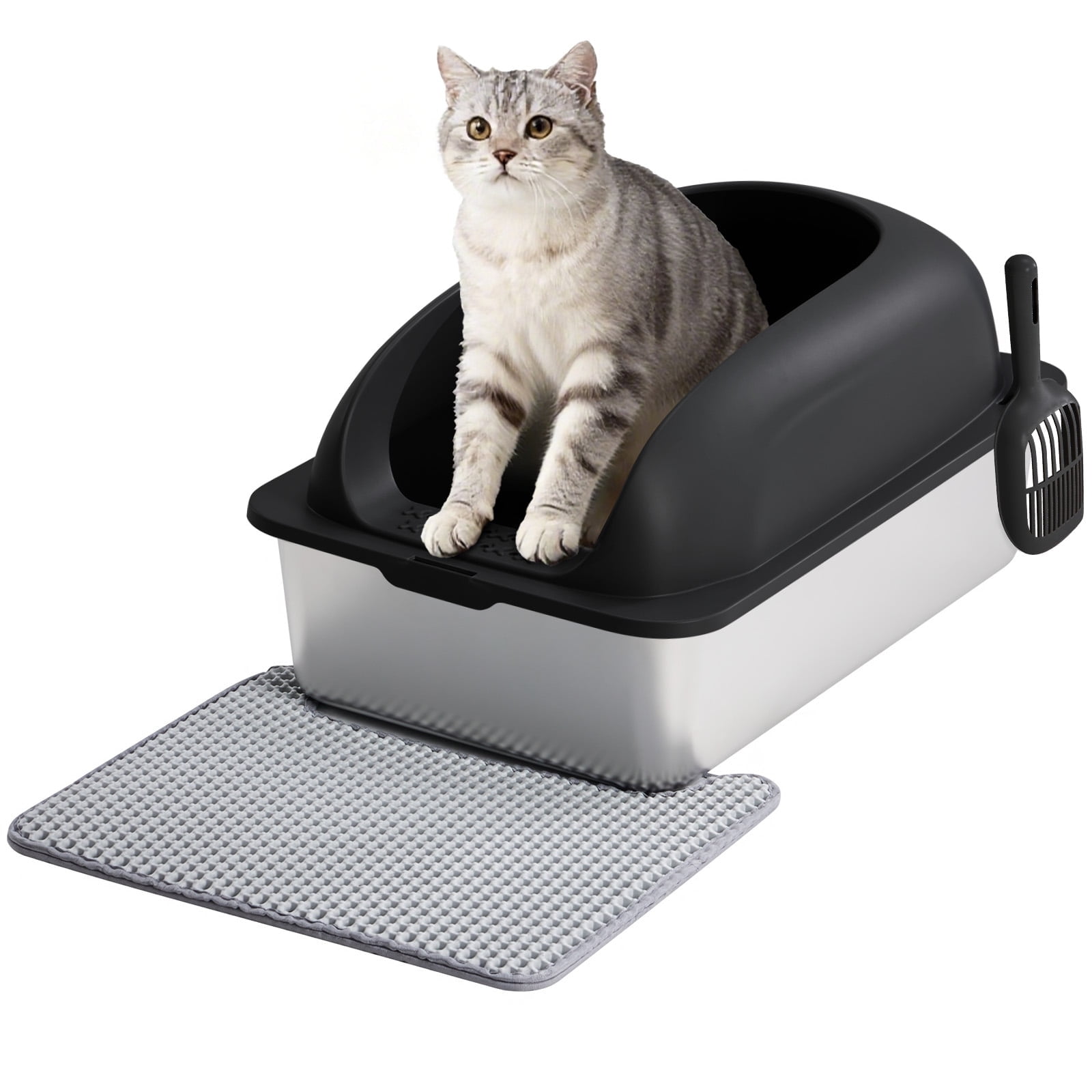 JIOABL 23.6" Cat Litter Box, Stainless Steel with Lid, Scoop and Mat, Leakproof, Anti-Slip, Black