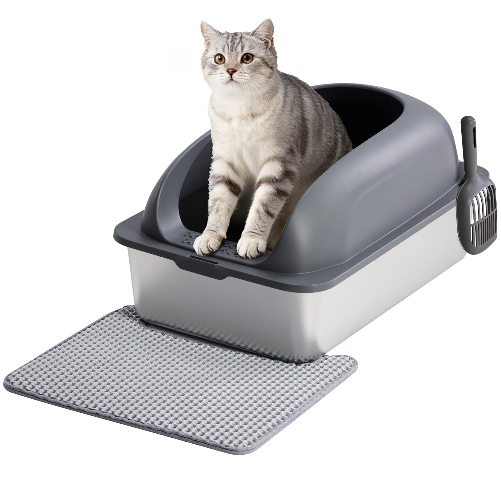 JIOABL 23.6" Cat Litter Box, Stainless Steel with Lid, Scoop and Mat, Leakproof, Anti-Slip, Dark Gray