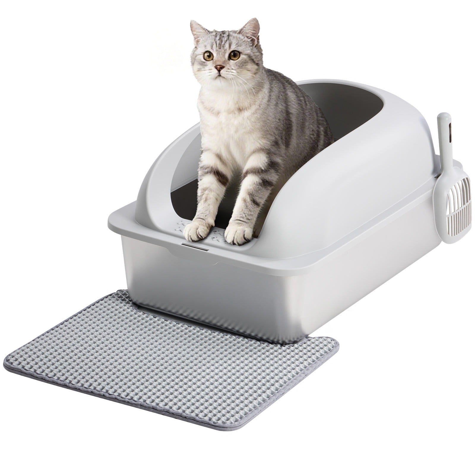 JIOABL 23.6" Cat Litter Box, Stainless Steel with Lid, Scoop and Mat, Leakproof, Anti-Slip, Light Gray