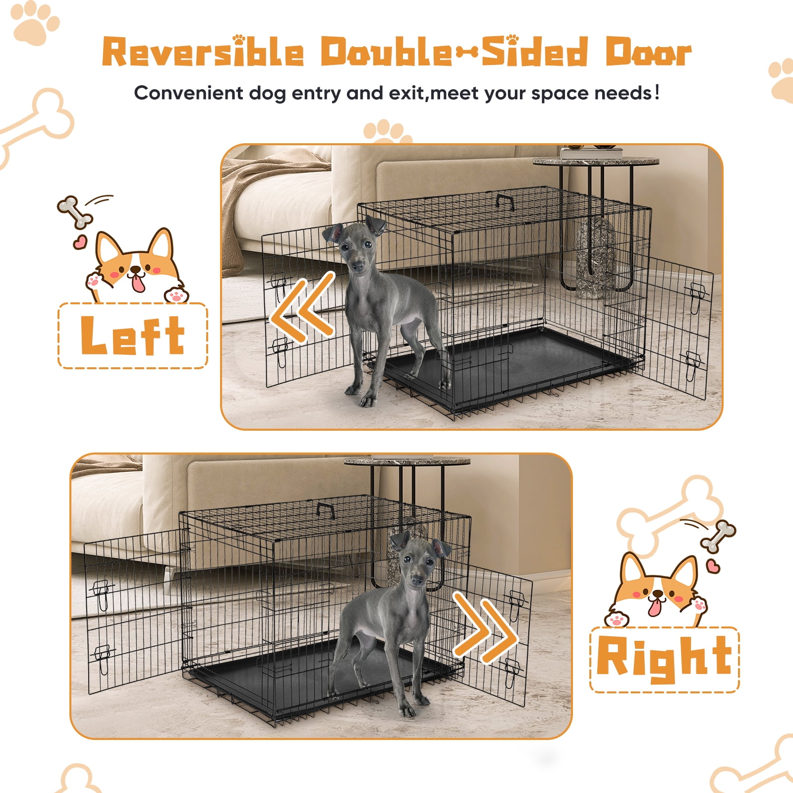 MCQ 24 Portable Folding Dog Crate with Dual Doors – Includes Divider Panel & Removable Tray for Easy Cleaning, Ideal for Small Breeds