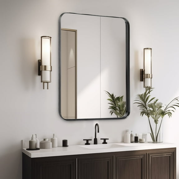 MCQ 24" x 36" Black Metal Framed Wall Mirror with HD Anti-Break Glass for Bathrooms, Bedrooms & Entryways