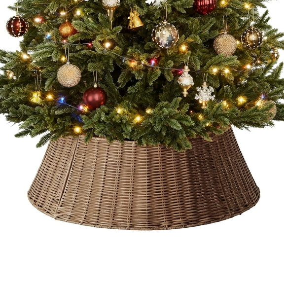 MCQ 24inch Christmas Tree Collar ,for 4.5-6ft Trees, Woven Hyacinth Rattan 4-Panel Collar ,Cord Access Hole & Easy Lock Design, Brown