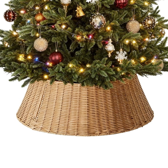 MCQ 24inch Christmas Tree Collar ,for 4.5-6ft Trees, Woven Hyacinth Rattan 4-Panel Collar ,Cord Access Hole & Easy Lock Design, Natural