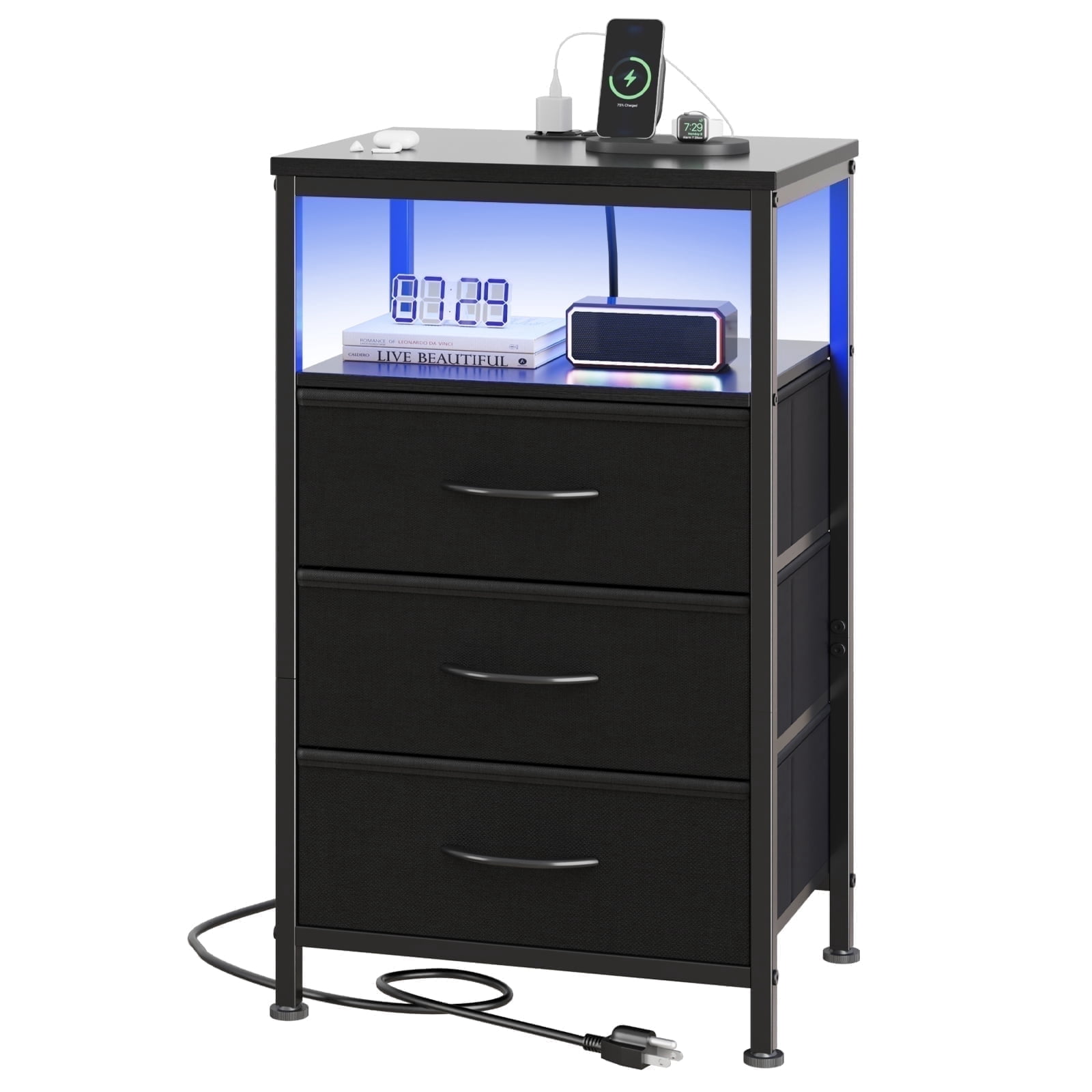 JIOABL 3 Drawer Nightstand with USB & Type-C Charging, Fabric Drawers, Metal Frame, Black