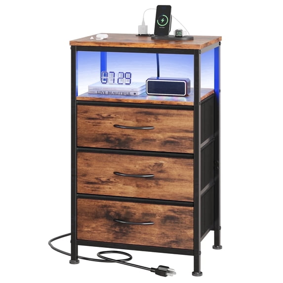 JIOABL 3 Drawer Nightstand with USB & Type-C Charging, Fabric Drawers, Metal Frame, Rustic Brown