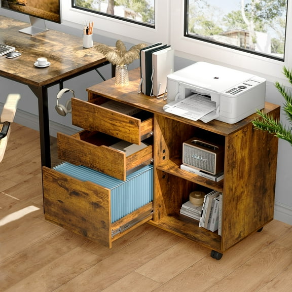 JIOABL 3 Drawer File Cabinet with Wheels, Rolling Wood Printer Stand and Open Storage Shelves for Home Office, Rustic Brown
