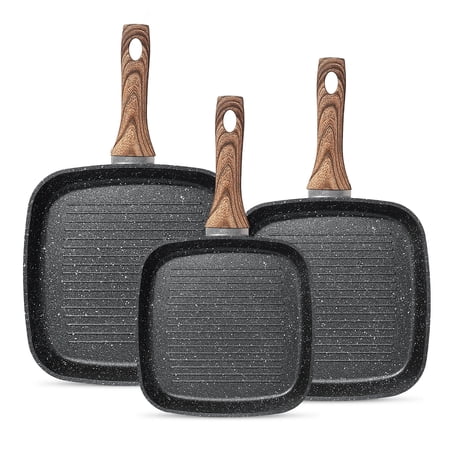 MCQ 3 Piece Set Nonstick Grill Square Frying Pans Skillet with Stay Cool Handle for Indoor Cooking, Compatible with All Stovetops (9.5" 10" 11"), Black