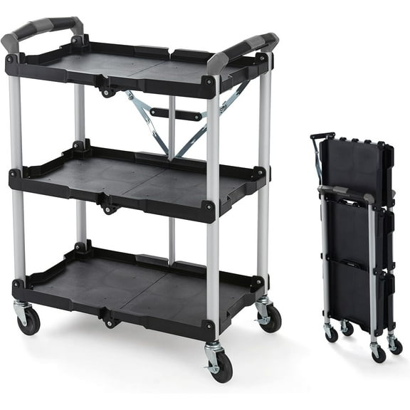 MCQ 3-Tier Foldable Service Cart with Brake Wheels, 33 lbs per Shelf Capacity, for Tool Equipment & Garden Supplies Storage