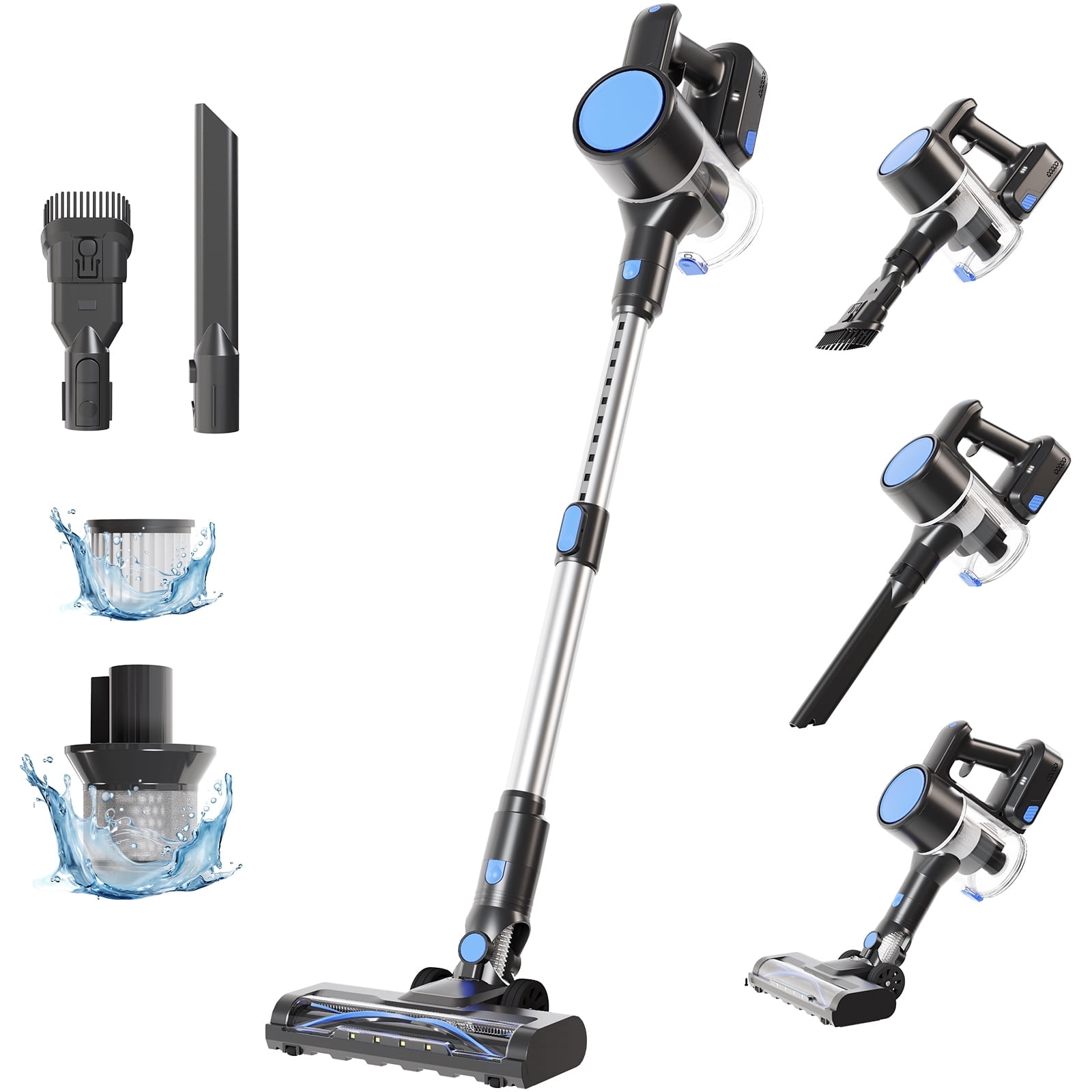 MCQ 3-in-1 Cordless Stick Vacuum Cleaner, Lightweight with LED Headlight for Carpet, Floor & Pet Hair, Blue-Silver
