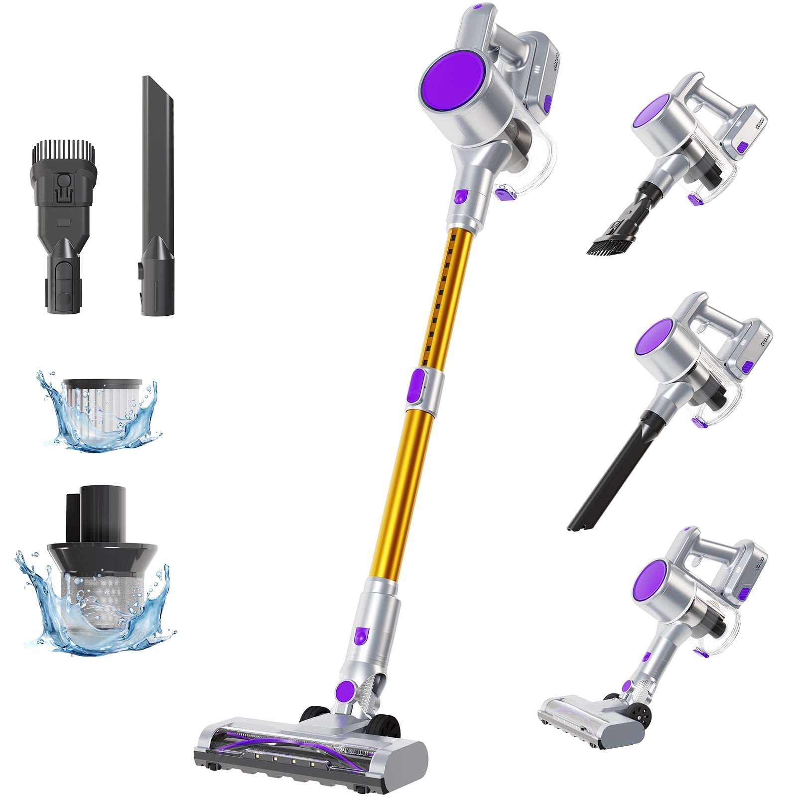 MCQ 3-in-1 Cordless Stick Vacuum Cleaner, Lightweight with LED Headlight for Carpet, Floor & Pet Hair, Purple-Yellow