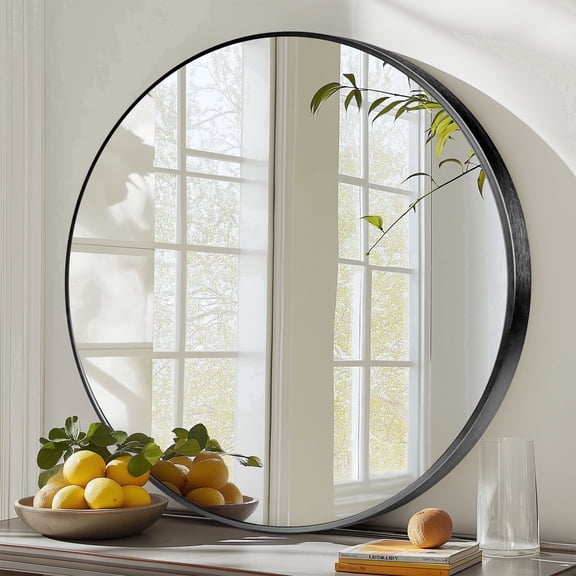 JIOABL 30 Inch Round Mirror, Metal Frame Wall Mirror for Entryway, Bathroom, Vanity, Living Room, Modern Circular Mirro, Black