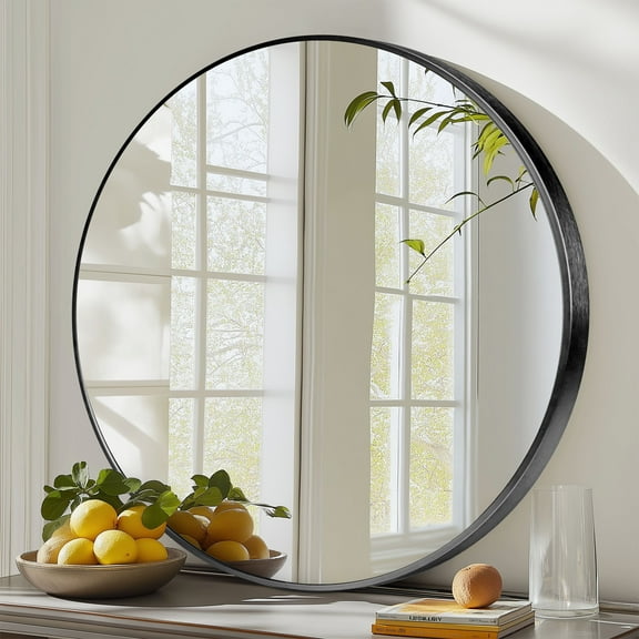 MCQ Wall Mirror, 30-inch Round Black, Decorative for Living Room Bedroom​