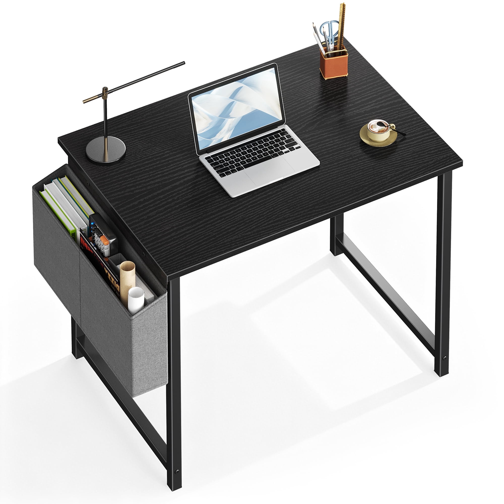 JIOABL 31 inch Computer Desk with Metal Frame and Storage Pouch, Fixed Leg Study Table for Bedroom Office, Black