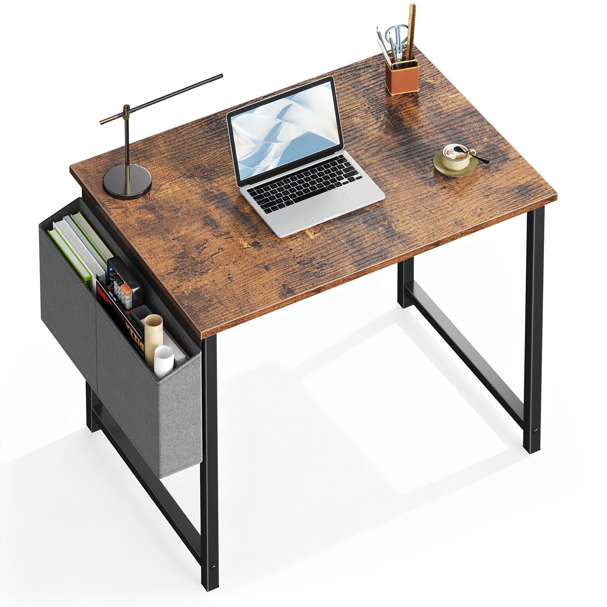 JIOABL 31 inch Computer Desk with Metal Frame and Storage Pouch, Fixed Leg Study Table for Bedroom Office, Rust